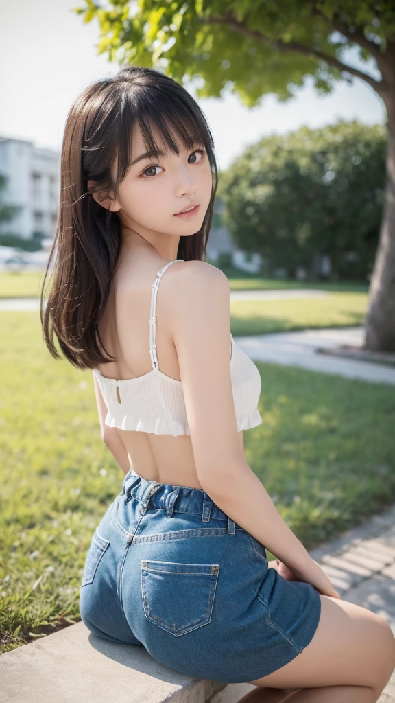 ((masterpiece, Highest Quality, super definition, High resolution)), sony a7, Film grain, 8K、Elementary school beautiful girl、A dark-haired、detailed beautiful faces、very short pants, ひまわり畑、Very strong wind、decolletage、Sit on the buttocks