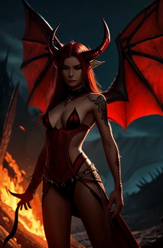 A red skinned demon, pointy tail, clothes, fantasy, cambion, small horns from the front of the the head, yellow eyes, full body, female, demon, red and black pointed wings, pointed ears