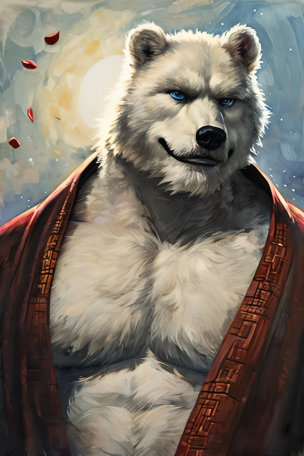 (style of Fu Baoshi),(high quality, high resolution, masterpiece),(Face focus),blue eyes,portrait,light smile,(by fffffffolder),1boy,[polar bear],[white bear],masterpiece,best quality,illustration,style of Fu Baoshi,traditional Chinese ink painting,ink wash painting,chinese ink,detailed eyes,detailed fur texture,bokeh,xiangyun pattern,swordsman,Beef,beefcake,bodybuilder,hunk,muscular,beefy,tough,white fur,body fur,white body,light smile,
((open) dark blue | patterned chinese_clothes with xiangyun pattern),traditional Chinese male attire,hanfu,changshan,warrior robes,strong,mighty,powerful,fierce,determined expression,masculine,rugged,heroic,dominant,imposing,brawny,manly,stalwart,robust,virile,commanding presence,chiseled features,pastel colors,anime style,mixed ink and color,artistic blend,dynamic lighting,stylized,expressive,elegant lines,cultural richness,fluid brushstrokes,soft gradients,gentle contrasts,harmonious composition,dark facial hair,male focus,topless,huge pecs,cyan_eyes,
looking_up,available light,Tyndall effect,looking_ahead,face closeup,
Delicate peach blossom petals floating in the air,dusk,against backlight at dusk,huge halo in the background,