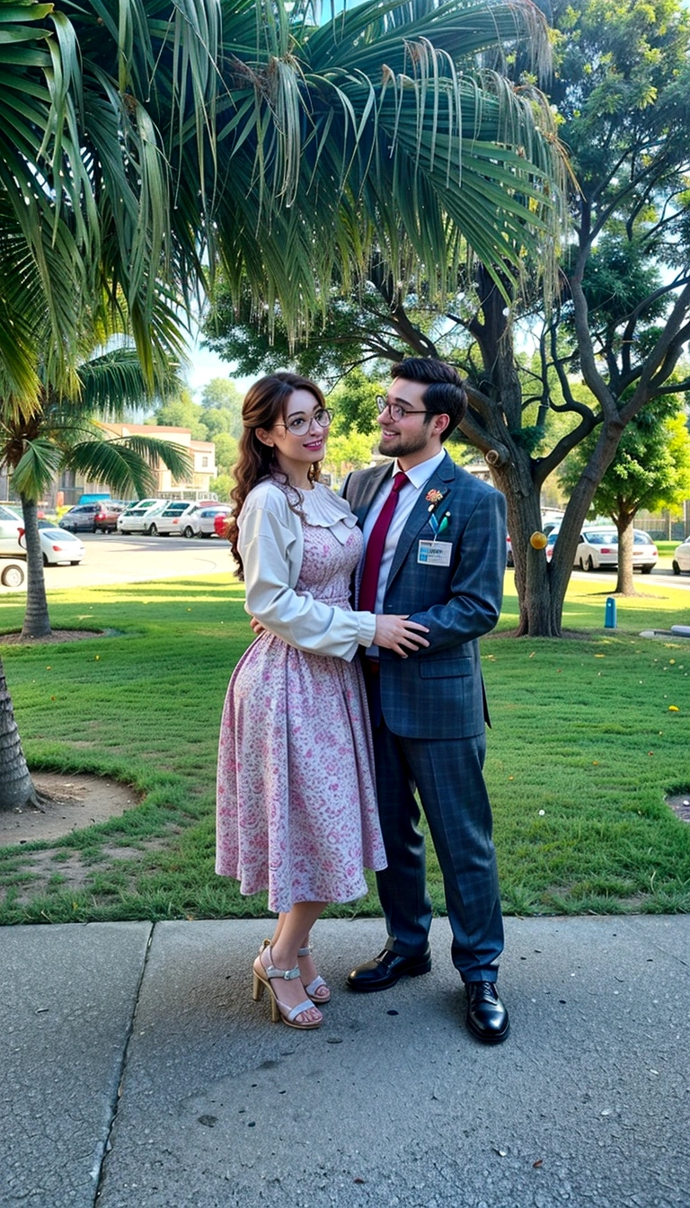 Create a Pixar-style poster titled 'The Tobias' she is brunette, shoulder length curly hair, smiling, usando um vestido, And he's a media mulatto , wearing glasses and suit, smiling in a floral setting with vibrant Disney Pixar colors and textures with a couple. digital art should evoke the style of Pixar, Reminiscent of animated features. Focus on the characters' expressions, swirly vibrant colors, and highly detailed textures
