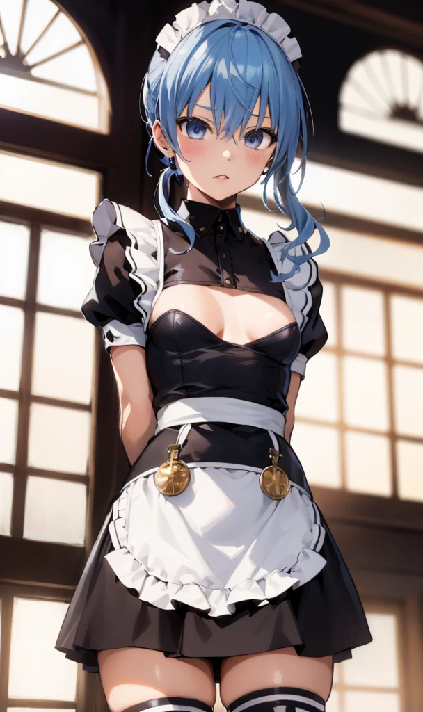 1girl, solo, detailed face, , , long hair,,,indoor,standing,looking viewer,side ponytail,small breasts,,(((maid costume))),nsfw,,thigh boots,arms behind back,cowboy shot