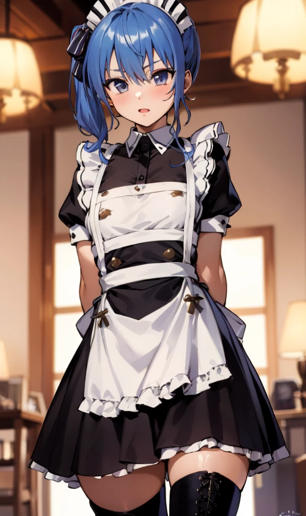 1girl, solo, detailed face, , , long hair,,,indoor,standing,looking viewer,side ponytail,small breasts,,(((maid costume))),nsfw,,thigh boots,arms behind back,cowboy shot