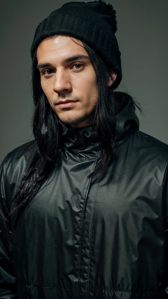 a white man with black hair, combed backwards, wearing a black beanie, with a chin full of long black hair, dressed in a waterproof jacket, looking straight at the camera, ID photo, with a green background in the background