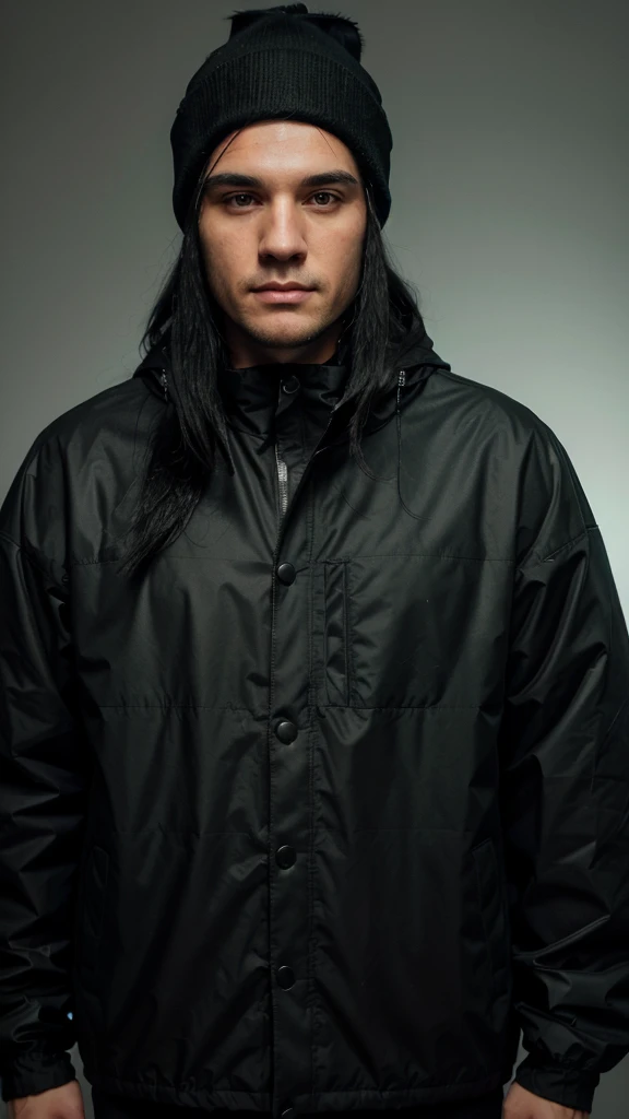 a white man with black hair, combed backwards, wearing a black beanie, with a chin full of long black hair, dressed in a waterproof jacket, looking straight at the camera, ID photo, with a green background in the background
