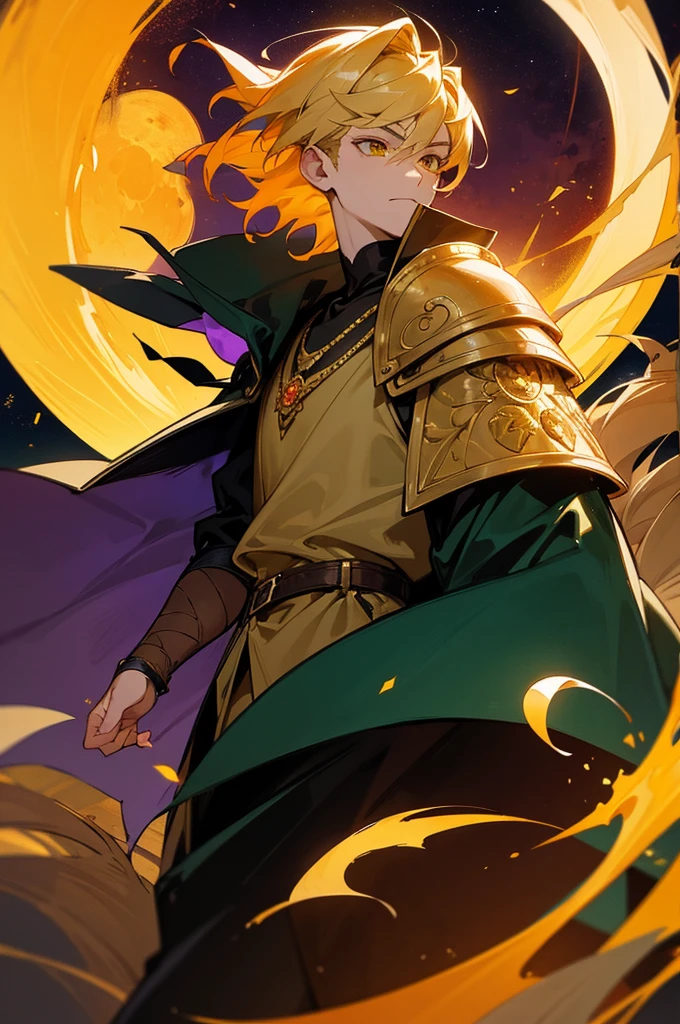 Generate an image of a character with the following attributes: The character is a man with short wheat-colored hair, amber-honey eyes, a noble and mature appearance, wearing black armor covered by a green cloak. The hair is short and wavy, with a neutral expression. The character is adorned with a full crescent moon and a waning moon necklace, as well as a blood moon amethyst necklace. The style is manga.