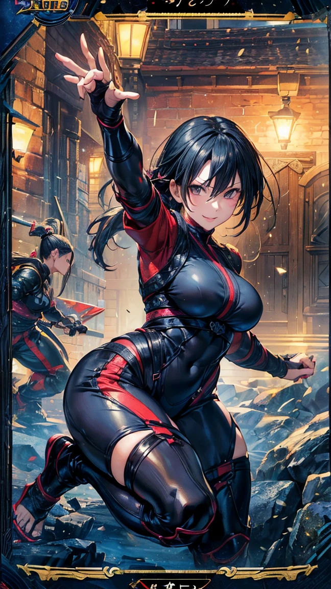 (1 mature female ninja,Age 35), ((Pub,guild)),(smile),Dynamic pose,Dynamic Angle,Pose for a photo,From below,Elderly woman、Trading Card Game Frames、Highest Rare、Five Fingers、Signature mark、Big Butt、Black Hair、Fighting Pose、Ninja costume、Full Body Suit