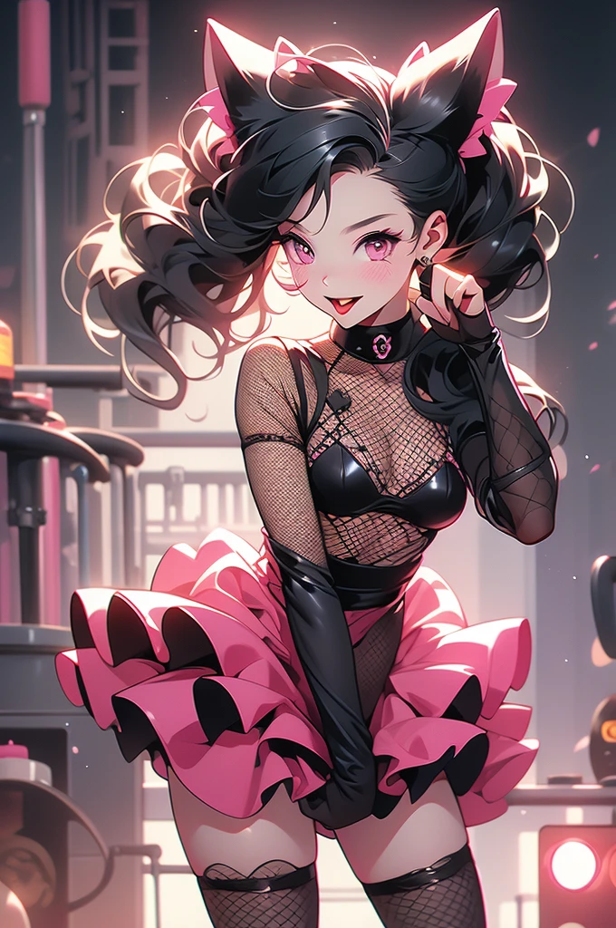 1girl, biker girl, cat ears, low cat tail, black hair, pink eyes, rock concert, showing v sign with hand, tongue out, playful, playful wink, slender, sinuous, fishnet top, black mini skirt, black boots, technician