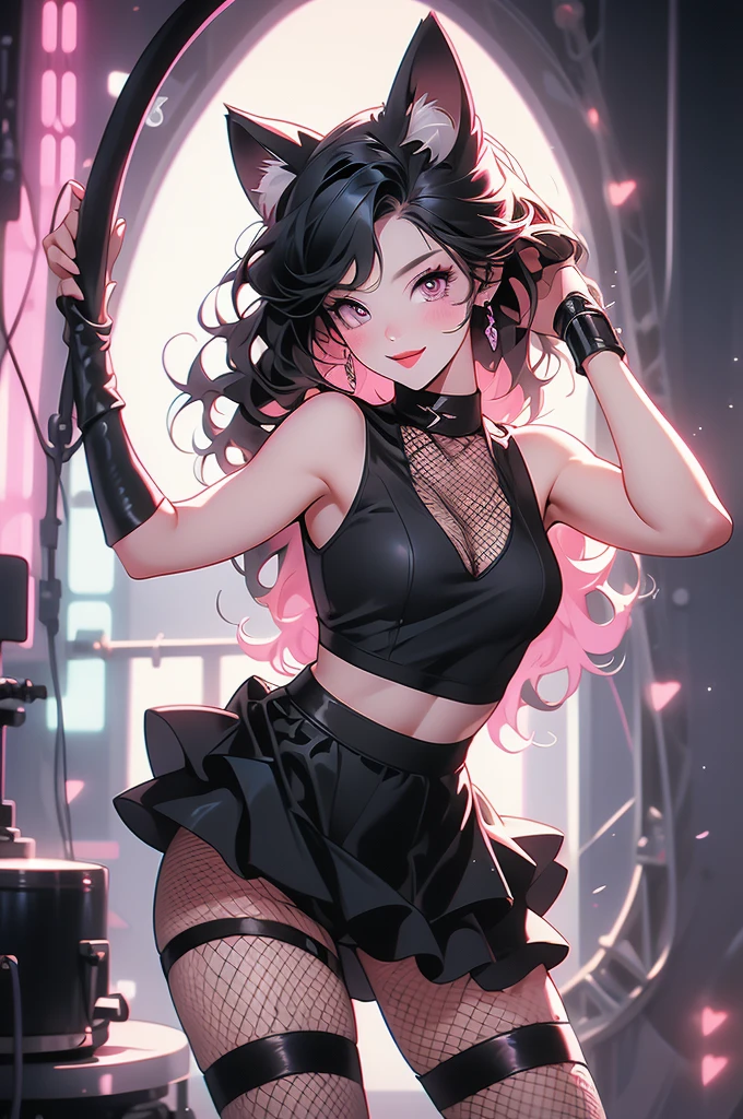 1girl, biker girl, cat ears, low cat tail, black hair, pink eyes, rock concert, showing v sign with hand, tongue out, playful, playful wink, slender, sinuous, fishnet top, black mini skirt, black boots, technician