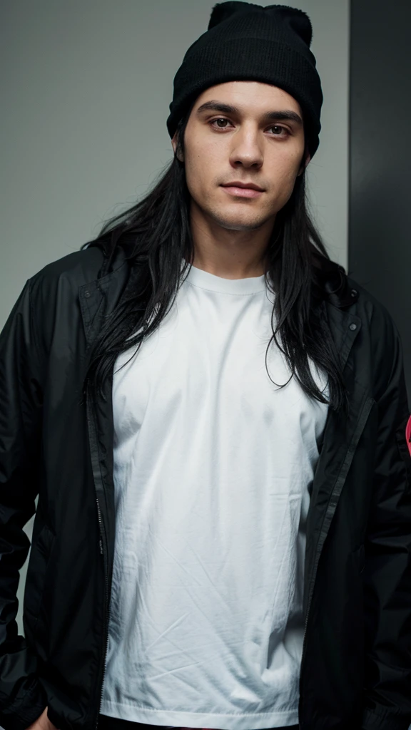 a white man with black hair, combed backwards, wearing a black beanie, with a chin full of long black hair, dressed in a waterproof jacket, looking straight at the camera, ID photo, with a green background in the background