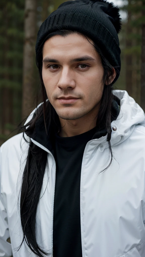 a white man with black hair, combed backwards, wearing a black beanie, with a chin full of long black hair, dressed in a waterproof jacket, looking straight at the camera, ID photo, with a green background in the background