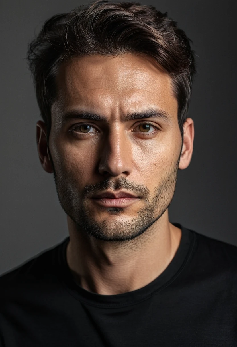 high quality, portrait photo of 30 y.o european man, wearing black shirt, serious face, detailed face, skin pores, cinematic shot, dramatic lighting
