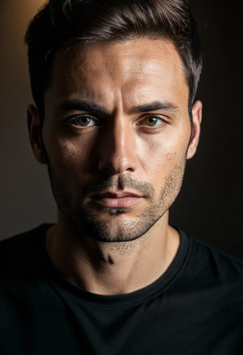 high quality, portrait photo of 30 y.o european man, wearing black shirt, serious face, detailed face, skin pores, cinematic shot, dramatic lighting