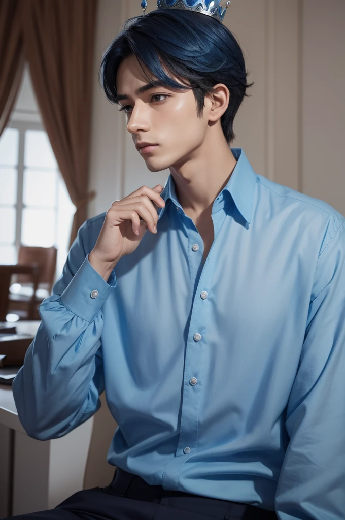 A male person with a blue blouse and a blue crown 