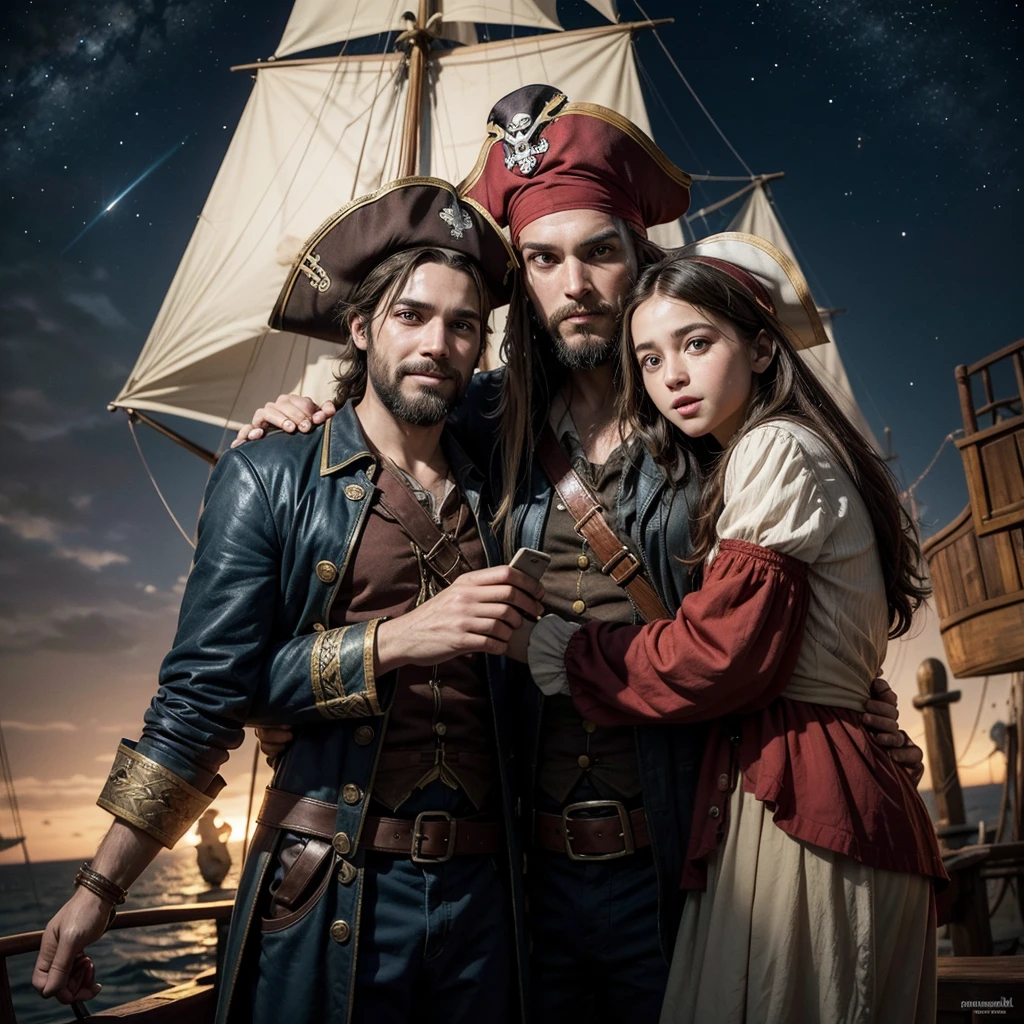 "In a lively pirate setting, The two brothers, Tomás and Sofia, both 10 years old, are hugging their uncle, Captain Bluebeard. O Captain Bluebeard tem uma barba grande e azul, flowing in the wind. They all have big, bright eyes, full of wonder and courage. Tomás smiles proudly at Sofia, who holds a treasure map excitedly. Ao fundo, the pirate ship sails calmly under a starry sky, creating a warm and emotional scene."