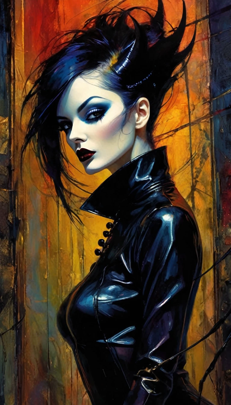 The sexy and dark art of seduction, Darksynth aesthetic, minimalist background, gothic makeup, weird fashion photography (art inspired in Bill Sienkiewicz). oil painting) (best quality,4k,8k,highres,masterpiece:1.2),ultra-detailed,(realistic,photorealistic,photo-realistic:1.37),intricate details,vivid colors,sharp focus,professional,Dave McKean artwork, oil touch of surrealism,oil painting style
