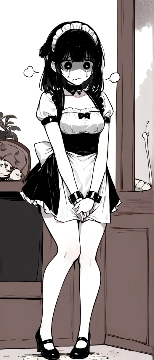 Anime, girl, cute girl, slave, maid, maid uniform, shoes, slave collar, shackles, cold, runny nose, nasal mucus, snot, snot from the nose, handkerchief, you need to sneeze, sneeze yourself, sneeze snot from your nose, desperately want sneeze, cover your nose with your right hand, urinary incontinence, peed, need to pee, pee yourself, pee, pee yourself, cry, really desperately want to pee, scat, diarrhea, crap yourself, need to poop, need to poop, poop in your panties, poop yourself, poop, sneeze, pee and pee yourself: 1.3), desire to sneeze, desire to pee, desire to poop tightly covering the perineum, knees together, feet apart: 1.6), (hand between legs, leaning forward: 1.3), (shaded face, despair, anxiety, sigh, full face flush, embarrassment, looking away: 1.5), (girl can't stand up straight: 1.5), full body, (ultra detailed face, best quality: 1.5), ( from the side), standing, living room, full height.
