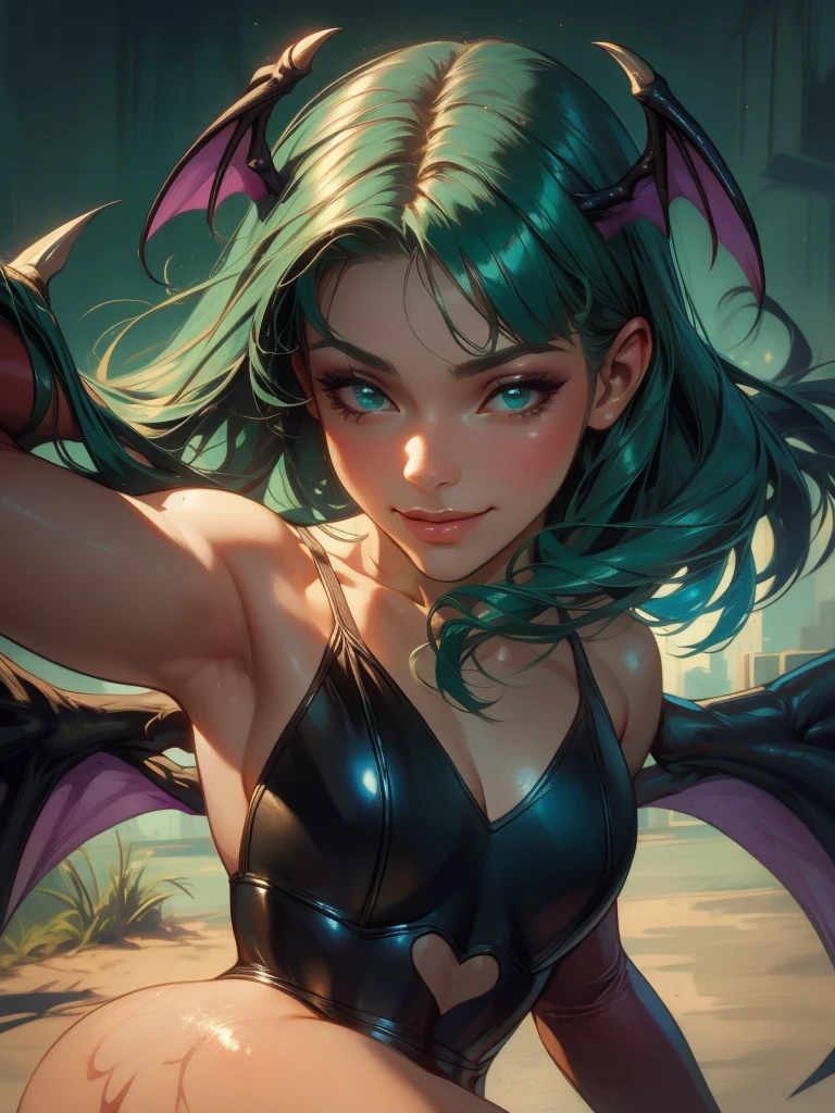 Realistic oil paint portrait of Morrigan Aensland, hot body, dynamic sensual pose, soft smiling, Long green hair, (((bat wings))) , Detailed skin textures, intricate, face detailed, hyper realist, realistic light and shadows , ((cinematic lighting)) . Abstract Painting Background.