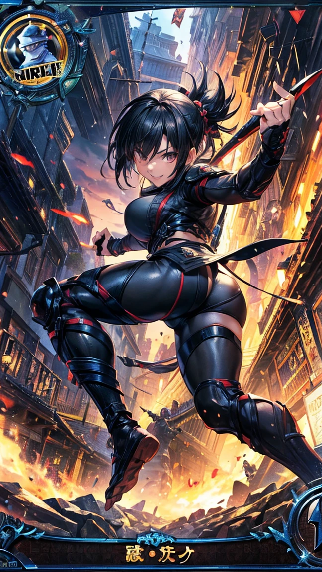 (1 mature female ninja,Age 35), ((Pub,guild)),(smile),Dynamic pose,Dynamic Angle,Pose for a photo,From below,Elderly woman、Trading Card Game Frames、Highest Rare、Five Fingers、Signature mark、Big Butt、Black Hair、Fighting Pose、Ninja costume、Full Body Suit、kunai