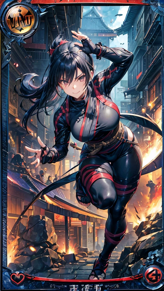 (1 mature female ninja,Age 35), ((Pub,guild)),(smile),Dynamic pose,Dynamic Angle,Pose for a photo,From below,Elderly woman、Trading Card Game Frames、Highest Rare、Five Fingers、Signature mark、Big Butt、Black Hair、Fighting Pose、Ninja costume、Full Body Suit、kunai
