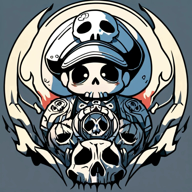 a baby skull with a cap on its head vector,detailed digital art, adorned with demonic skulls, skull drawing for a cute poster,handgun,color detailed art cartoon,monochrome cute skull