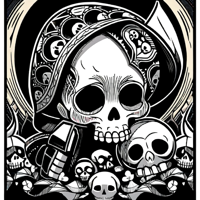 a baby skull with a cap on its head vector,detailed digital art, adorned with demonic skulls, skull drawing for a cute poster,handgun,color detailed art cartoon,monochrome cute skull