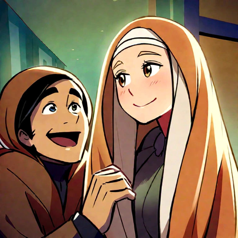 An illustration of an adorable couple., highlighting a man and a woman with beautiful, expressive eyes: The man's skin is white and the man's hair is straight and black., while the woman's skin is white and the woman wears brown hijab. They are a bright room. Illustrate this scene from a perspective where they are facing the camera., Smiling and showing your connection. full HD, Focus on your cinematic touch, Disney Pixar Animations