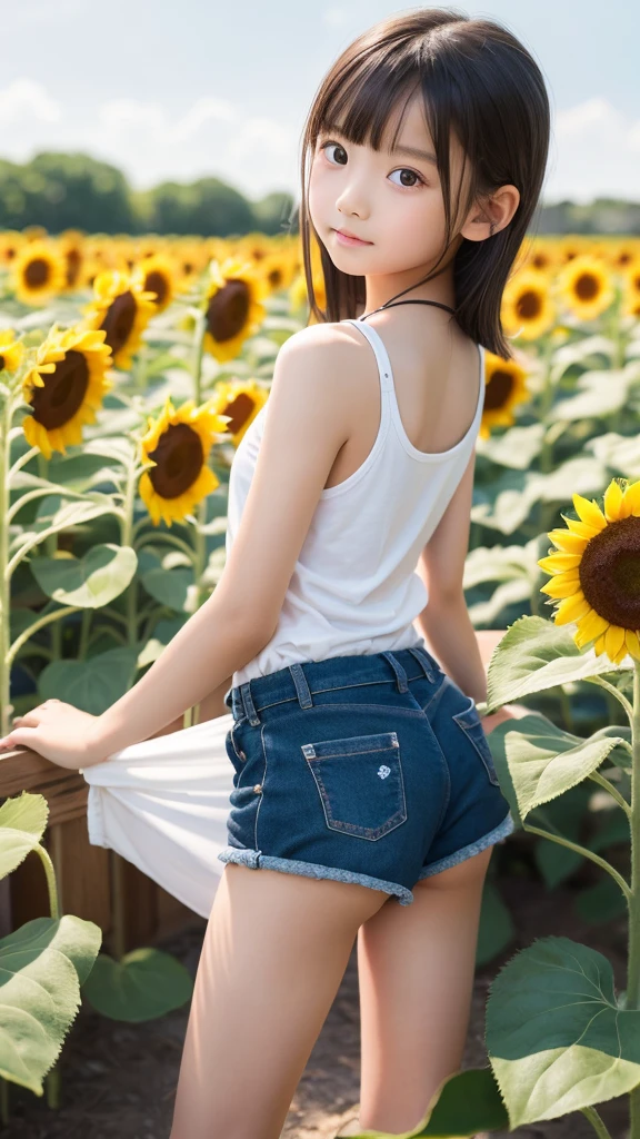 8K、Elementary school beautiful girl、10 year old beautiful girl、A darK-haired、detailed beautiful faces、very short pants, Sunflower field、Very strong wind、Decolletage、Sit on the buttocks