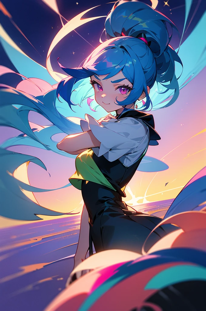 ((colourful, As detailed as possible, tmasterpiece)), A girl stands against the backdrop of a shining sky by the lake, 2 d anime style, flat anime style, in anime style, the anime, anime stylized, glass hair, Glowing Hair, portraite of a, Black Uniform, Strict costume, black necktie, white shirt, puffy short sleeves, Shorts, Smile, puffy short sleeves, Puffy armbands, Shirt, short sleeve, sparkle, Lush eyelashes, The first girl with a high blue tail to her shoulders and a calm face, beatiful face, multi-colored hair, Hair gradient, hair color: Blue, Blue hair, Hair turns from blue to pink, blue high tail, (without bangs), curly curl on the cheek, Hairstyle: high ponytail, long tail, pink eyes, :3, Short eyebrows,, light background, natural light, vivid picture, Additional lighting, anime land of the lustrous, still from anime
