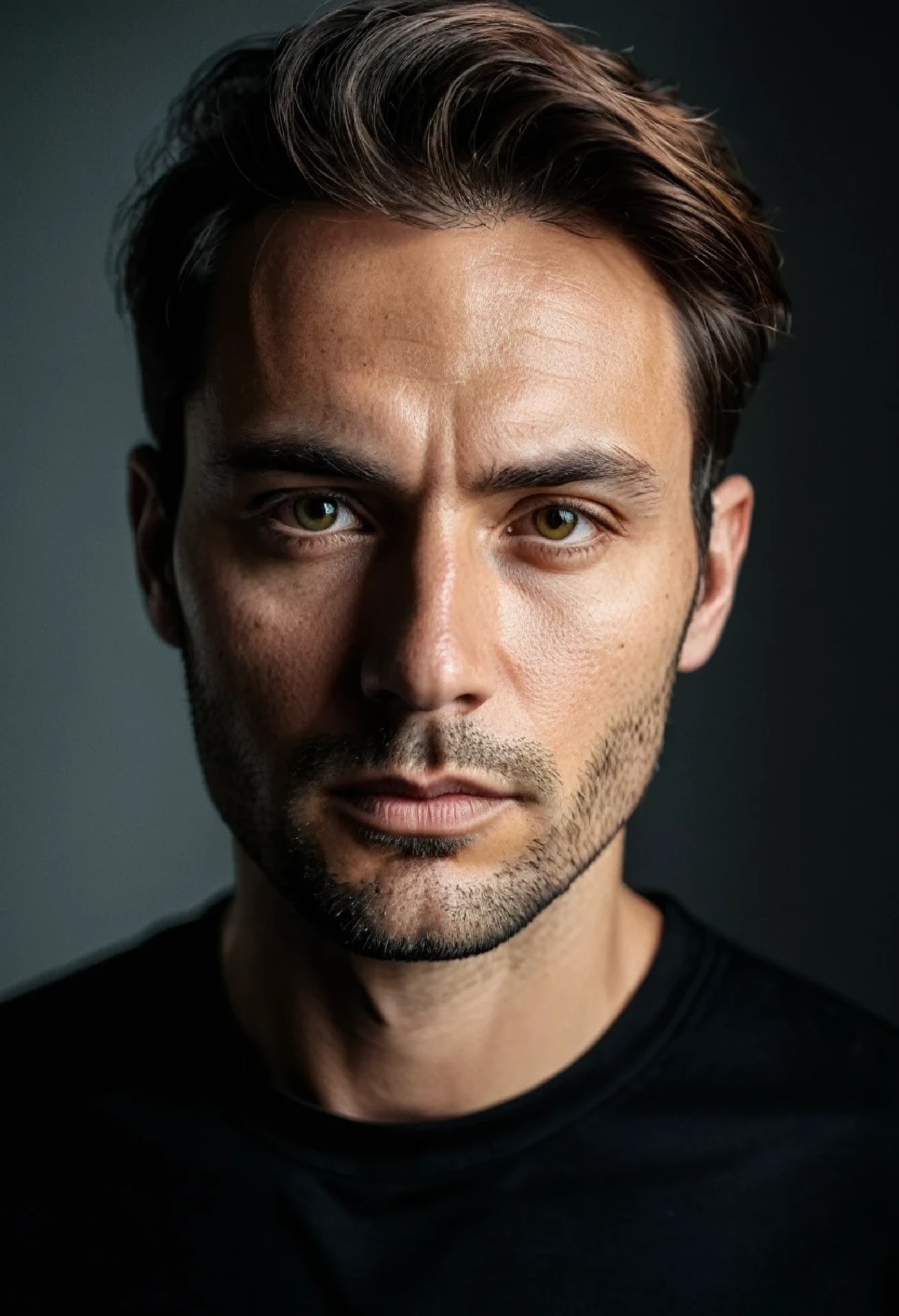 high quality, portrait photo of 30 y.o european man, wearing black shirt, serious face, detailed face, skin pores, cinematic shot, dramatic lighting