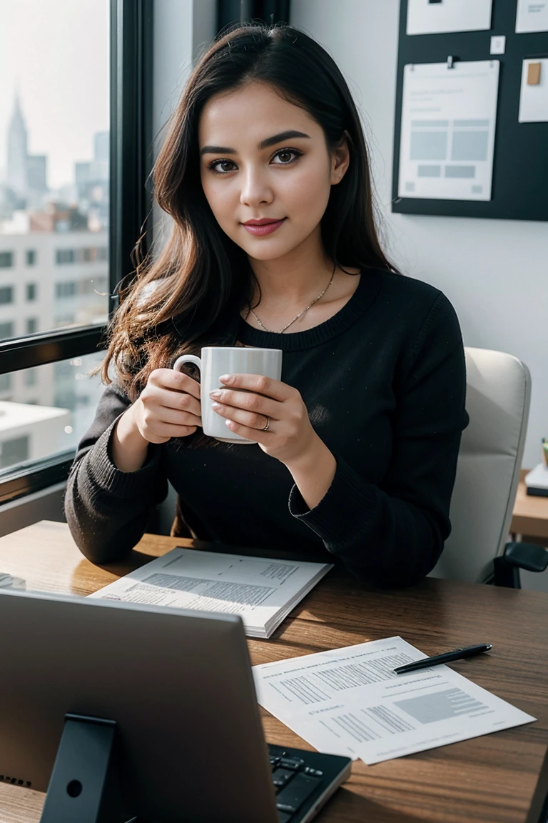 26 year old woman drinking coffee in a cup, she is in an office, sitting at her desk, with a relaxed expression, enjoying her coffee, around her office elements such as computer, documents, stationery, soft and warm lighting, cozy and calm atmosphere, hyperrealizta, (masterpiece:1.2) (best quality:1.1) (detailed) (intricate) (8k) (HDR) (cinematic light) (sharp focus).