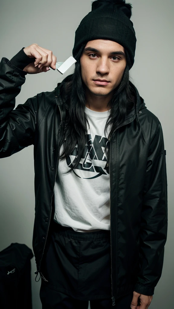 a white man with black hair, combed backwards, wearing a black beanie, with a chin full of long black hair, dressed in a waterproof jacket, looking straight at the camera, ID photo, with a green background in the background