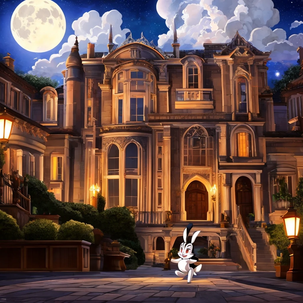  BunniculaBunNi, Alone,  Red eyes,  Chibi,  white sclera, [mamsion, Big, outside the mansion, moon shining, clouds, street , bright moon,]
 (beautiful, aesthetic, perfect, delicate, intricate), Masterpiece, digital drawing, Best Quality,   (walking ), by personals,  . digital artwork, illustrative, pictorial, matte paint, Very detailed, Live Action Movie