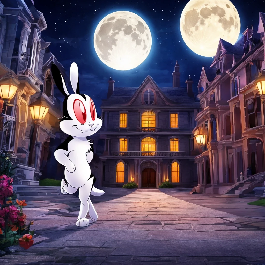  BunniculaBunNi, Alone,  Red eyes,  Chibi,  white sclera, [mamsion, Big, outside the mansion, moon shining, clouds, street , bright moon,]
 (beautiful, aesthetic, perfect, delicate, intricate), Masterpiece, digital drawing, Best Quality,   (walking ), by personals,  . digital artwork, illustrative, pictorial, matte paint, Very detailed, Live Action Movie