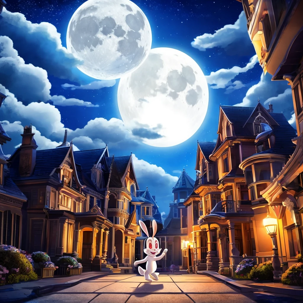  BunniculaBunNi, Alone,  Red eyes,  Chibi,  white sclera, [mamsion, Big, outside the mansion, moon shining, clouds, street , bright moon,]
 (beautiful, aesthetic, perfect, delicate, intricate), Masterpiece, digital drawing, Best Quality,   (walking ), by personals,  . digital artwork, illustrative, pictorial, matte paint, Very detailed, Live Action Movie