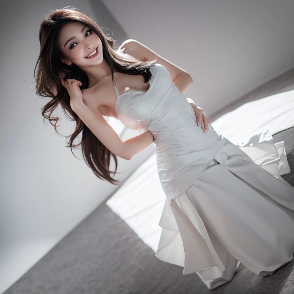 1girl, long hair, white dress, grin, teeth, (isolated on dark-grey background:1.2), standing, from front, (soft lighting:1.2), shot on Canon EOS 5D, best quality, ultra high res, (photorealistic:1.4), masterpiece, real life skin, hyper real, perspective, detailed beautiful eyes and detailed face