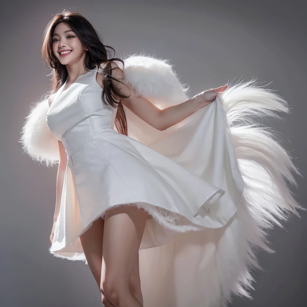 1girl, long hair, white dress, grin, teeth, (isolated on dark-grey background:1.2), standing, from front, (soft lighting:1.2), shot on Canon EOS 5D, best quality, ultra high res, (photorealistic:1.4), masterpiece, real life skin, hyper real, perspective, detailed beautiful eyes and detailed face