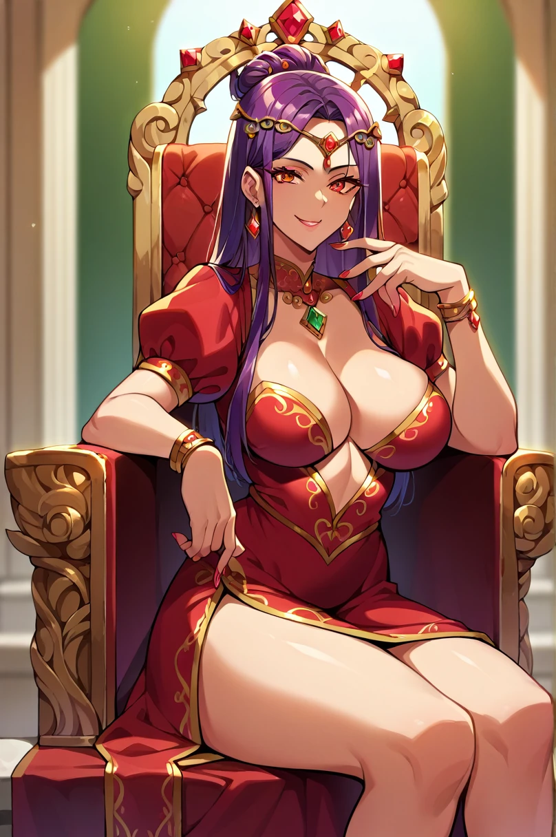 shoujo-style, 1girl, solo, masterpiece, best quality, official wallpaper, detailed face, evil smile, long eyelashes, looking at viewer, royal dress, (cleavage), puffy sleeves,, golden, jewely, sitting on throne, thick thigh