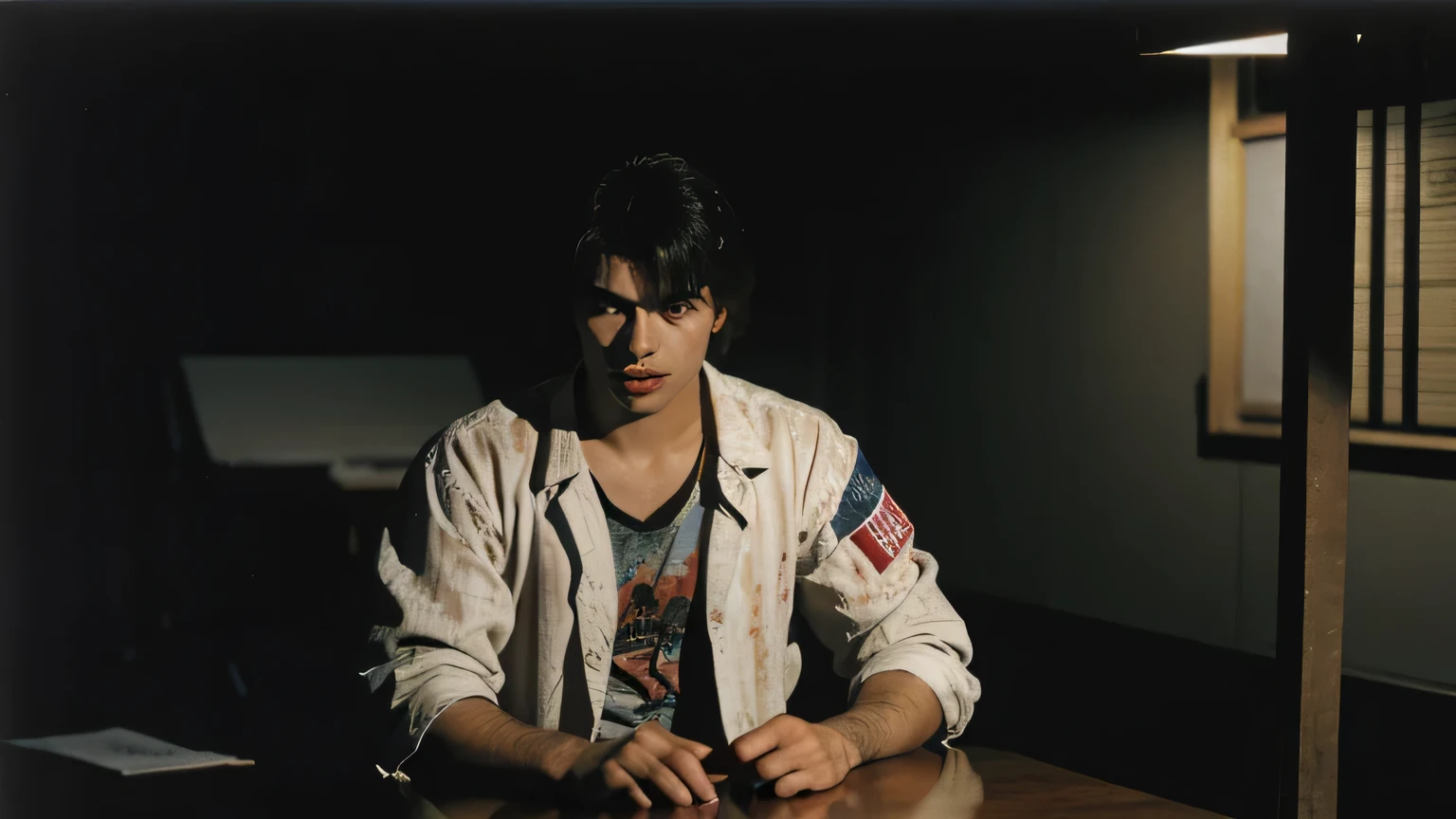 a 19-year-old man, wearing bloodstained 1987 clothes, sitting on a metal chair in a dimly lit police interrogation room at night