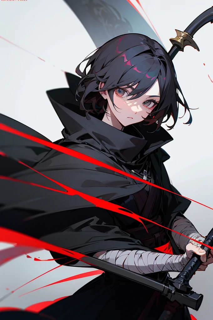 Anime artstyle, holding a scythe, wearing a stylish dark cloak, wrapped in bandages,white background, wallpaper, HD quality, extremely detailed, highest quality digital art, upper body
