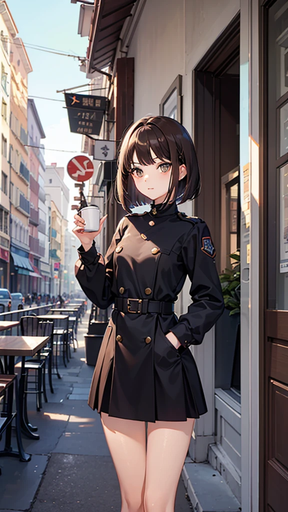 (((Masterpiece)))), ((Best Quality))), Hi-Res, On Thighs, Standing, (Cute One Girl))), Solo, White Skin, Small, Eight-headed, (Brown Hair), ((Bob Hair)), ((Straight Bangs)), Beautiful Hair, Brown Eyes, Beautiful Eyes for Details, Glaring, Brown Clothes, Uniform, Outdoor, Cafe Terrace, Shadow Lighting,