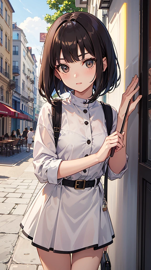 (((Masterpiece)))), ((Best Quality))), Hi-Res, On Thighs, Standing, (Cute One Girl))), Solo, White Skin, Small, Eight-headed, (Brown Hair), ((Bob Hair)), ((Straight Bangs)), Beautiful Hair, Brown Eyes, Beautiful Eyes for Details, Glaring, Brown Clothes, Uniform, Outdoor, Cafe Terrace, Shadow Lighting,