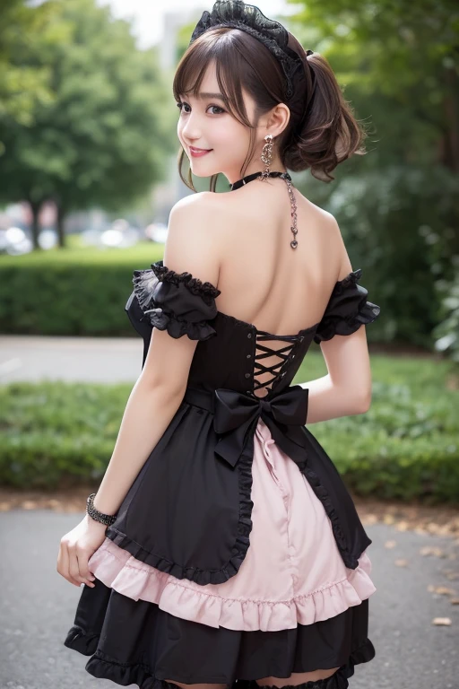 girl, White skin, ((Dark brown short tiered hair)), V cut with layers and bangs, Brown eyes, Soft atmosphere characteristics (Highest quality, Ultra-high resolution, 8K, RAW Photos, Ultra-high resolution: 1.2, masterpiece: 1.3), (Realistic, Realistic: 1.37), Very detailed, Professional Lighting, Photon Mapping, Radio City, Physically Based Rendering, One Girl, (high school girl), Sharp focus:1.2、Beautiful woman:1.4,cute, Nice, Adorable, smile, Normal chest, necklace、(Cleavage)、Gothic Lolita Fashion、Earrings、Belly button、back、Ass、Pink and black gothic lolita outfit、Turning around