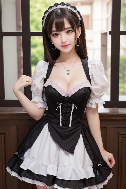 girl, White skin, ((Dark brown short tiered hair)), V cut with layers and bangs, Brown eyes, Soft atmosphere characteristics (Highest quality, Ultra-high resolution, 8K, RAW Photos, Ultra-high resolution: 1.2, masterpiece: 1.3), (Realistic, Realistic: 1.37), Very detailed, Professional Lighting, Photon Mapping, Radio City, Physically Based Rendering, One Girl, （high school girl）, Sharp focus:1.2、Beautiful woman:1.4,cute, Nice, Adorable, smile, Normal chest, necklace、(Cleavage)、Gothic Lolita Fashion、Earrings、Belly button、back、Ass、Pink and black gothic lolita outfit、Turning around