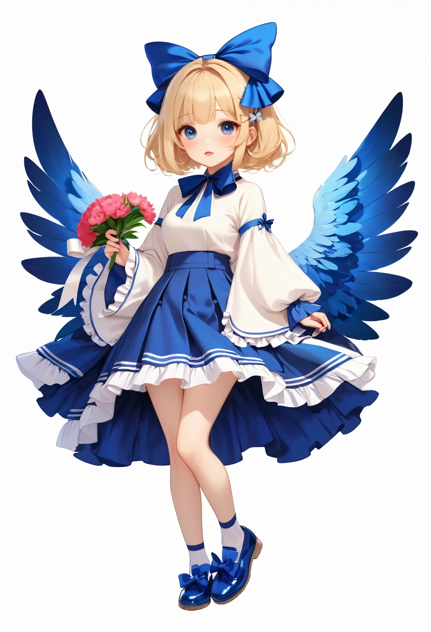 Upper warehouse, 1 Girl, Blonde hair, White background, have, skirt, 蓝色shoe类, wing, Simple background, sign, flower, Nail polish, Wide sleeves, Long sleeve, blush, animal, white flower, Solitary, whole body, bird, Looking at the audience, 高跟shoe, Put your hand on your cheek, Cover your face with your hands, Ruffles, bow, Bangs, Ribbon, bell, Blue headdress, +_+, sock, short hair, Gray eyes, shoe, Blue nails, feathered wing, blue bow