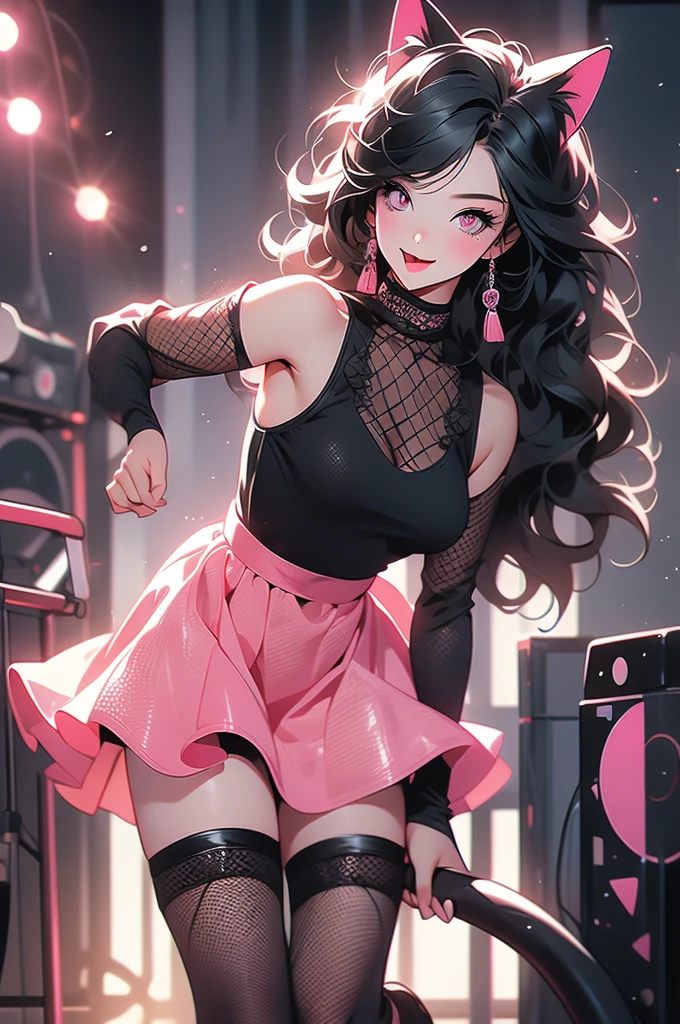1girl, biker girl, cat ears, cat tail, black hair, pink eyes, roadie, showing v sign with hand, tongue out, playful, playful wink, slender, sinuous, fishnet top, black mini skirt, black boots, technician, backstage