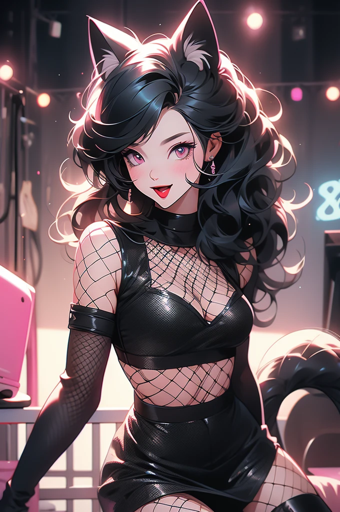 1girl, biker girl, cat ears, cat tail, black hair, pink eyes, roadie, showing v sign with hand, tongue out, playful, playful wink, slender, sinuous, fishnet top, black mini skirt, black boots, technician, backstage