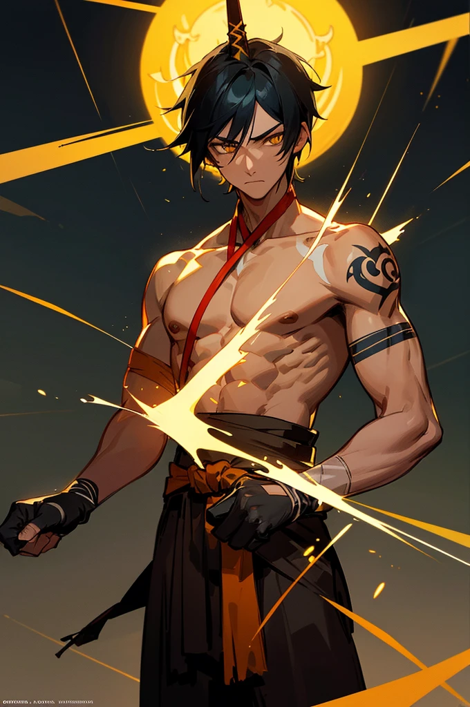 (high-quality, breathtaking),(expressive eyes, perfect face) 1boy, male, solo, young adult, black hair, yellow eyes, (short spiky hairstyles) short hair length, (dark skin), soft serious expression, Monk profession, martial artist, well built body, pants, knuckle bandages, environment background, fantasy clothing, fantasy attire, DnD Monk Class, oriental monk, half body, ancient Chinese swordsman hanfu, body tattoos, tribal body art, wuxia, black and gold clothing palette, ((tan skin color)), monk, bandage wrapped forearms, fantasy, (Dragon tattoo), (big Stigmata), character focus, ((black light)),((dark lighting)), cinematic lighting ,(darkness), (concept art), (glowing eyes), high resolution, extremely detailed CG unity 8k wallpaper, ((masterpiece)), ((top-quality)), (beautiful illustration), ((an extremely delicate and beautiful)), (masterpiece, Best quality, ultra high resolution), glowing yellow eyes, Luminous_eyes, ultra detailed eyes, Beautiful and detailed face, detailed eyes, (Centered, torso), (wide shot:0.9), facing the viewer, Eye level, (1 small black horn on top of head), gloves, horn, 1 horn, lightning aura, lightning arcing off body, lightning
