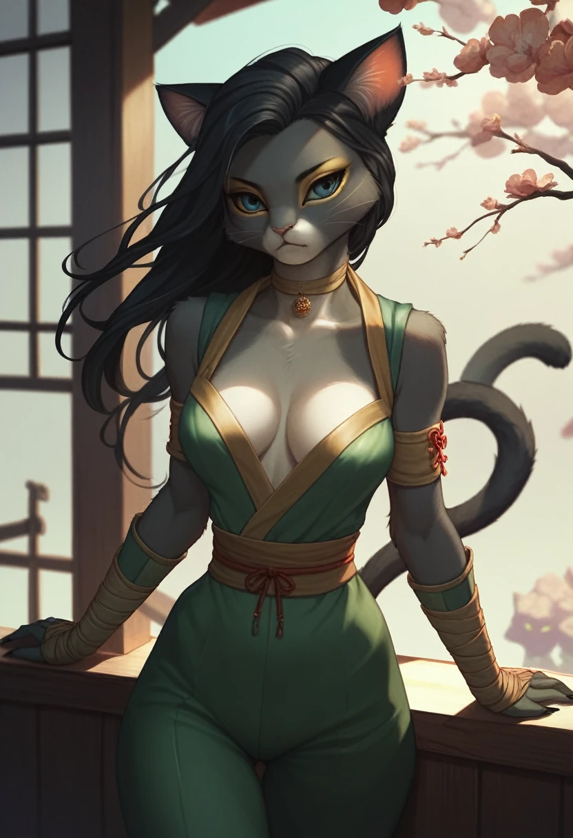 ((ultra quality)), ((chedevr)), Khajiit Girl, Japanese, ninja, anthro cat, fluffy cat, ((long beautiful black hair)), ((there are only cat ears, no others)), ((There is a cat&#39;short fluffy tail on the back)), ((Facial cleanliness)), Beautiful cute face, beautiful female lips, Charming beauty, ((seductive facial expression)), looks at the camera, closing my eyes slightly, ((skin color black like a panther)), ((skin color black)), Body highlights, ((detailed beautiful female eyes)), ((black eyes)), beautiful female hands, ((ideal female figure)), ideal female body shapes, Beautiful waist, Big hips, ((Slim and beautiful)), strictly worth it ((face close up)), ((одежда ninja, sexy ninja clothes, sexy cleavage), Background: 19th century Japan, Traditional Japanese House, ((depth of field)), ((clear high quality image)), ((clear details)), ((very detailed)), realistic, Professional photo shoot, ((Clear Focus)), ((cartoon)), Anime, NFV, fabulous, ultra clarity, 4K, excellent quality, high detail, close-вверх, bare chest, , cum on face, sex oral dick oral, The human penis,  Zoophilia, мило sucks dick, the cat sucks gently, caresses with tongue, sperm dripping from mouth, balls dick, balls shaved, big dick, juicy dick, touches eggs with hands, plays with eggs, tits naked, Nipples, sucks dick, girl blowjob, naked