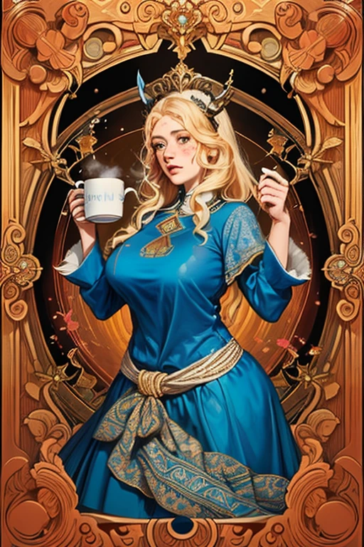 ((melhor qualidade)), ((Obra de arte)), (detalhado), goddess freya, beautiful woman, blonde, attractive, voluptuous woman, light eyes, short stature, freckles on her face, nordic clothes, holding a mug of chop,