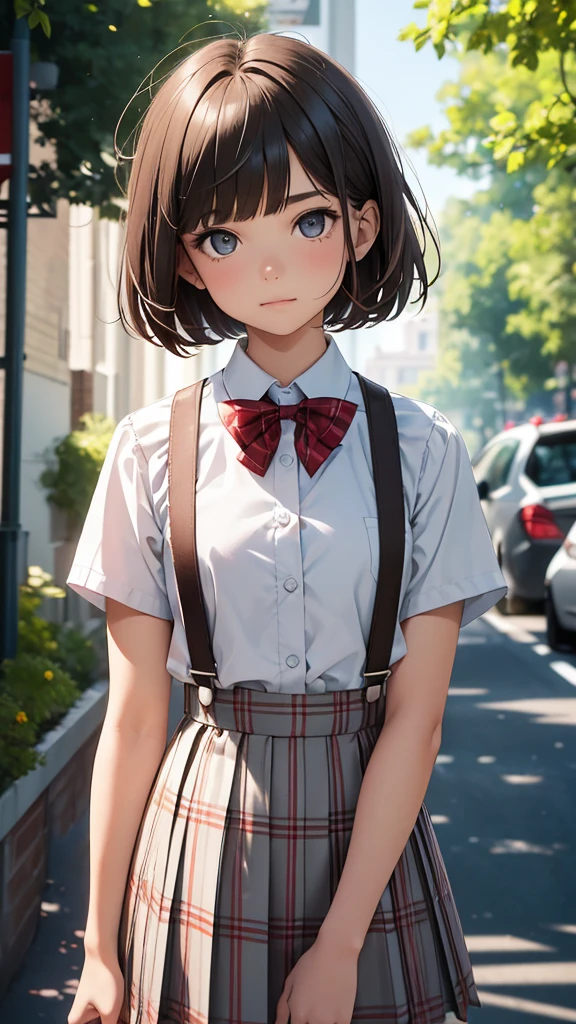 Simple White Background, 15-year-old, (((girl))), ((high school girl)), ((brown hair)), ((bangs)), ((short bob hair:1.5)), ((grey eyes:1.2)), big eyes, ((collared short sleeve shirt)), ((white shirt)), ((red plaid pleated skirt)), ((blue plaid bow tie)), ((red suspenders)), Beautiful body, Beautiful Nose,Beautiful character design, perfect eyes, perfect face,expressive eyes,perfect balance, looking at viewer,(Focus on her face),closed mouth, (innocent_big_eyes:1.0),(Light_Smile:0.3), official art,extremely detailed CG unity 8k wallpaper, perfect lighting,Colorful, Bright_Front_face_Lighting,White skin, (masterpiece:1.0),(best_quality:1.0), ultra high res,4K,ultra-detailed, photography, 8K, HDR, highres, absurdres:1.2, Kodak portra 400, film grain, blurry background, bokeh:1.2, lens flare, (vibrant_color:1.2),professional photograph,